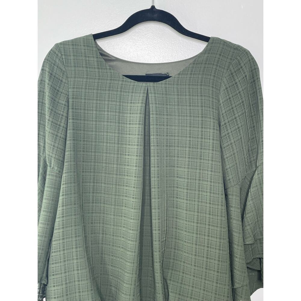 Alyx Blouse Pleated Front Plaid Bell Sleeve Elastic Hem Round Neck Green Medium - Picture 2 of 11